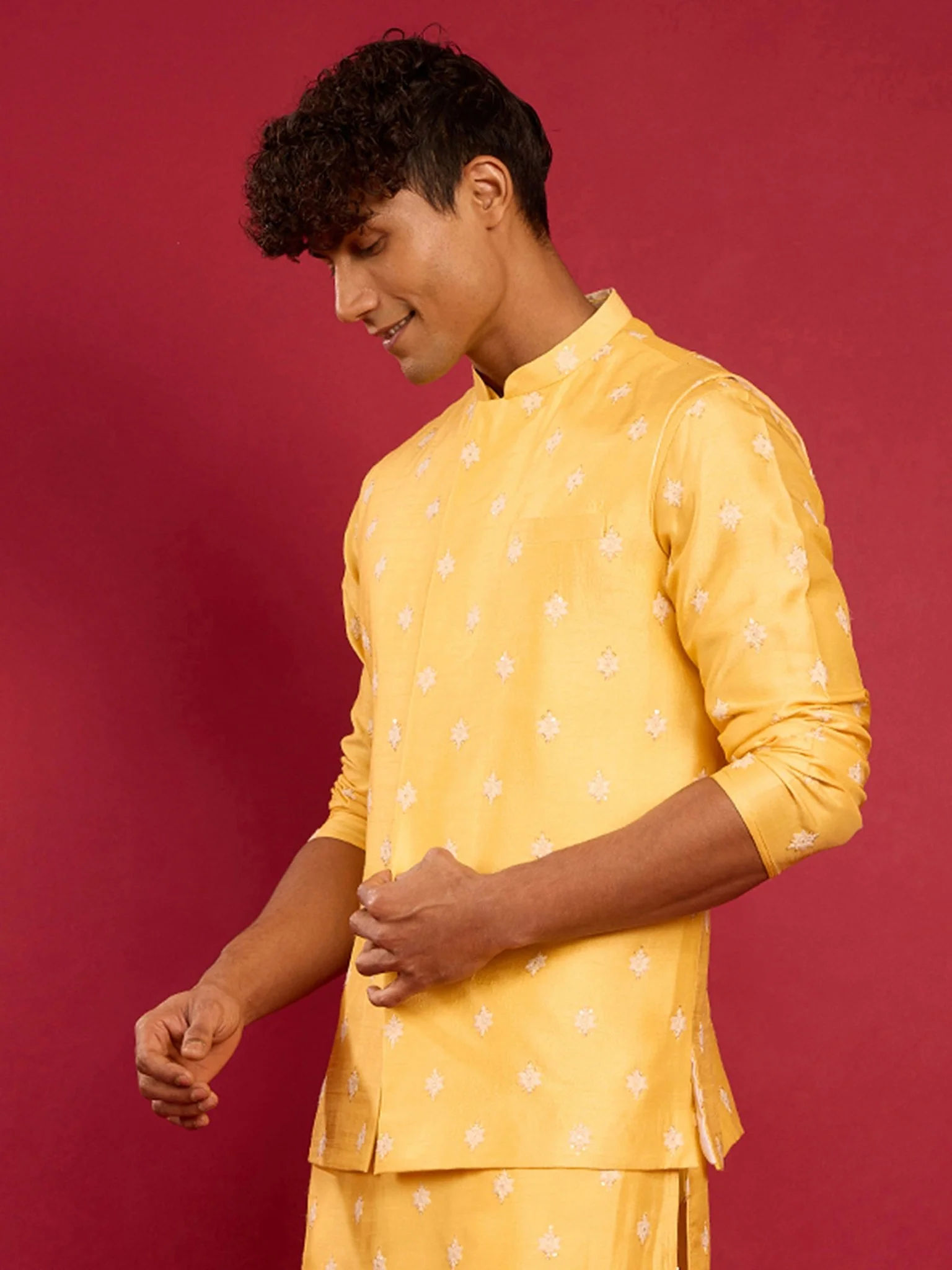 Men's Yellow Silk Blend Nehru Jacket - Image 4