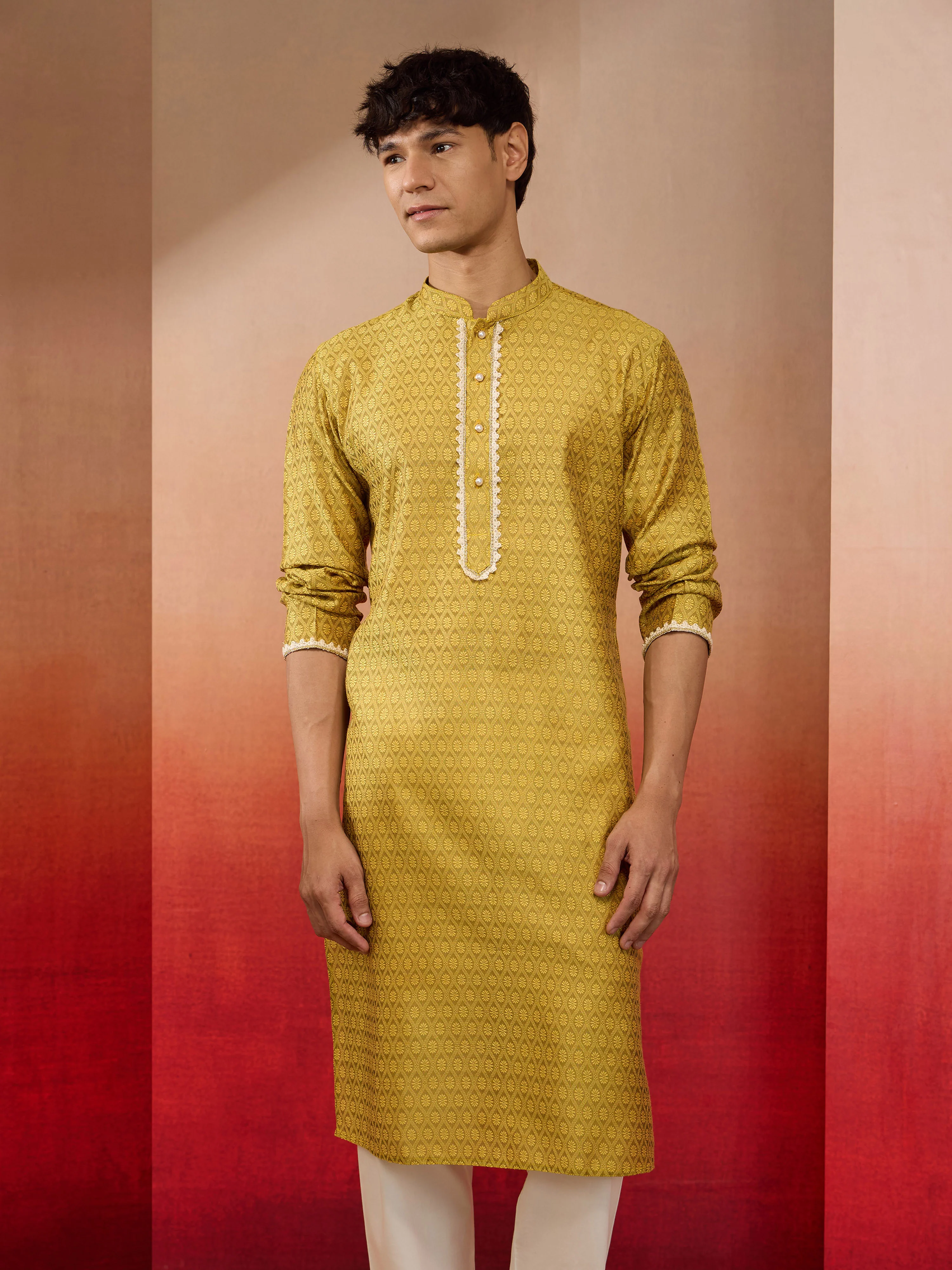 Men's Yellow Silk Jacquard Kurta - Image 2