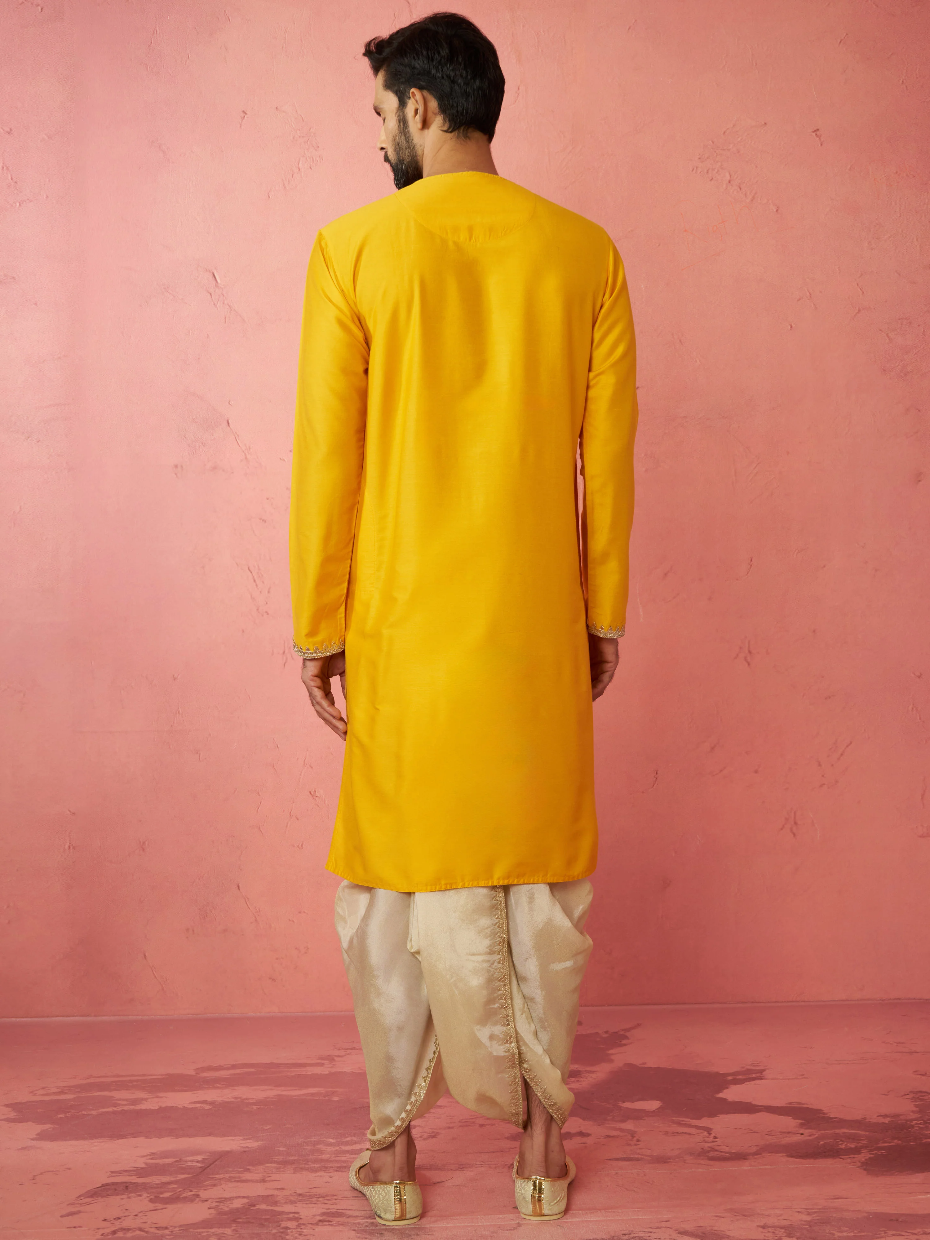 Men's Yellow Viscose Embroidered Kurta with Beige Tissue Dhoti Set - Image 5