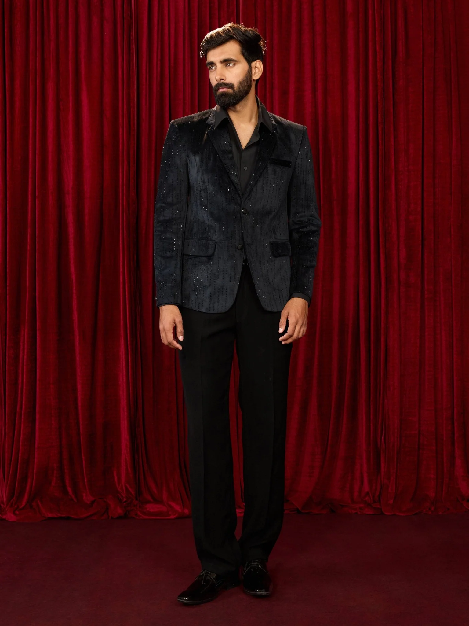 Men's's Black Milan Velvet Stone Work Blazer with Black Straight Pant Set - Image 3