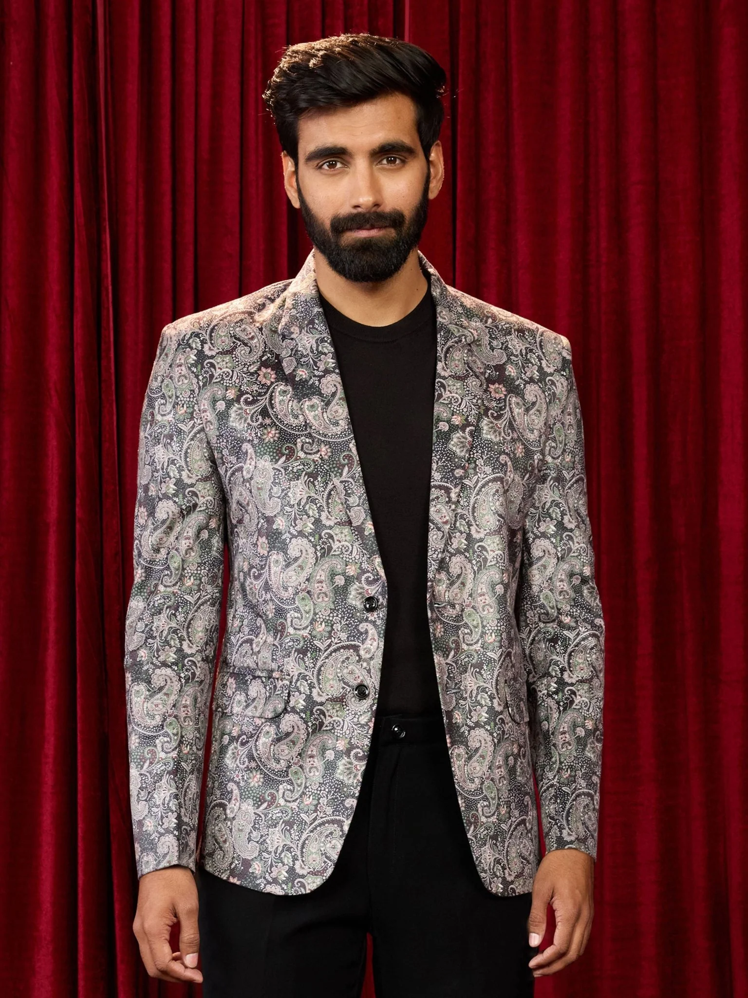 Men's's Green Velvet Digital Print Blazer - Image 3