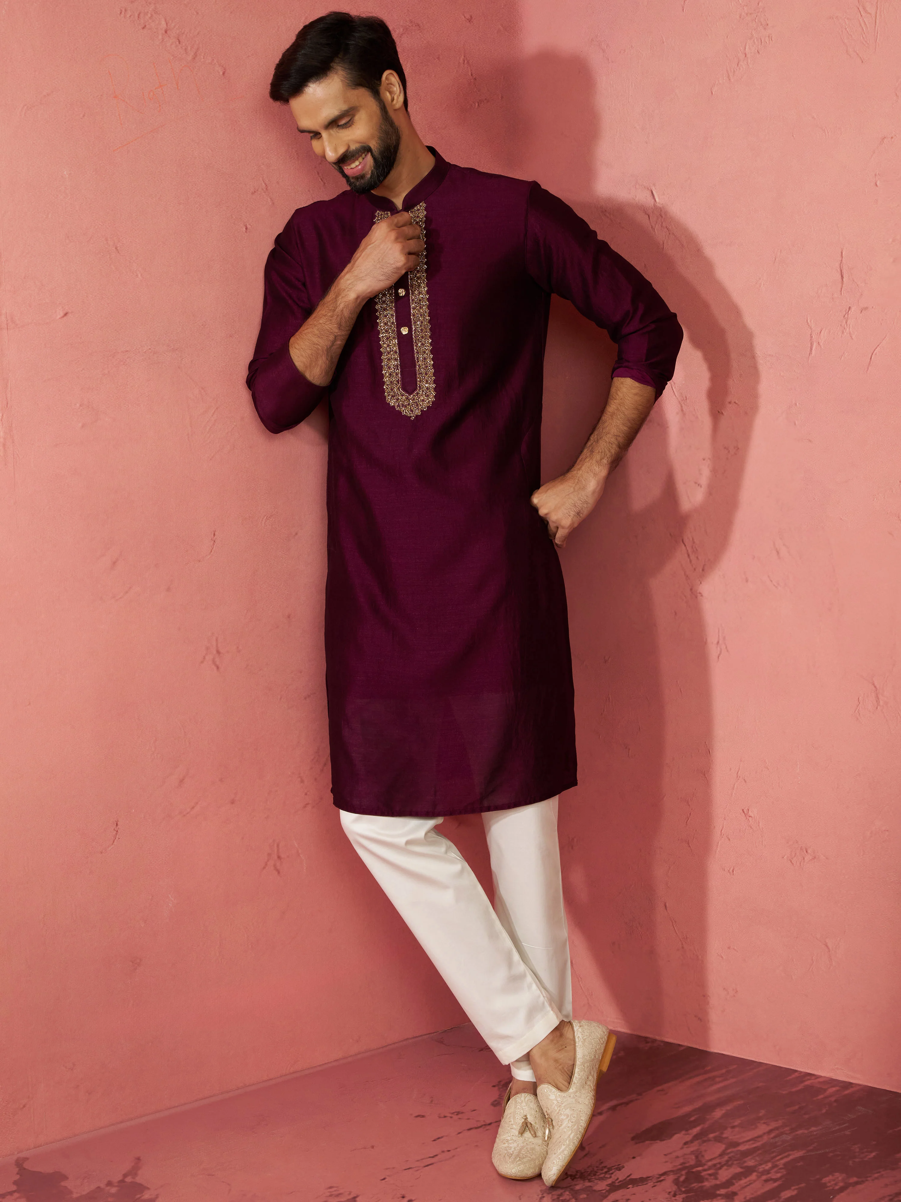Men's's Wine Silk Kurta with Cream Pyjama - Embroidered Festive Set