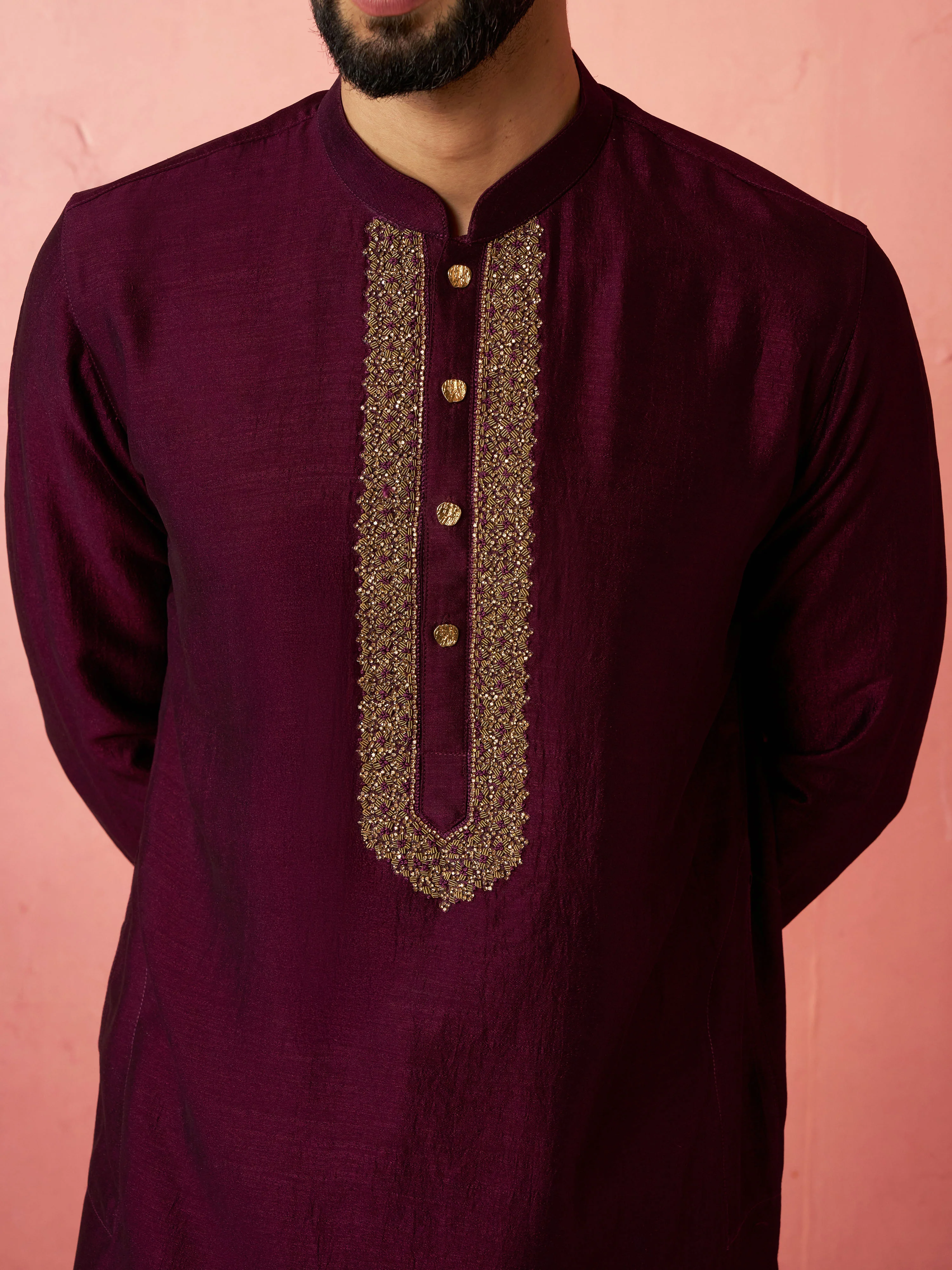 Men's's Wine Silk Kurta with Cream Pyjama - Embroidered Festive Set - Image 2