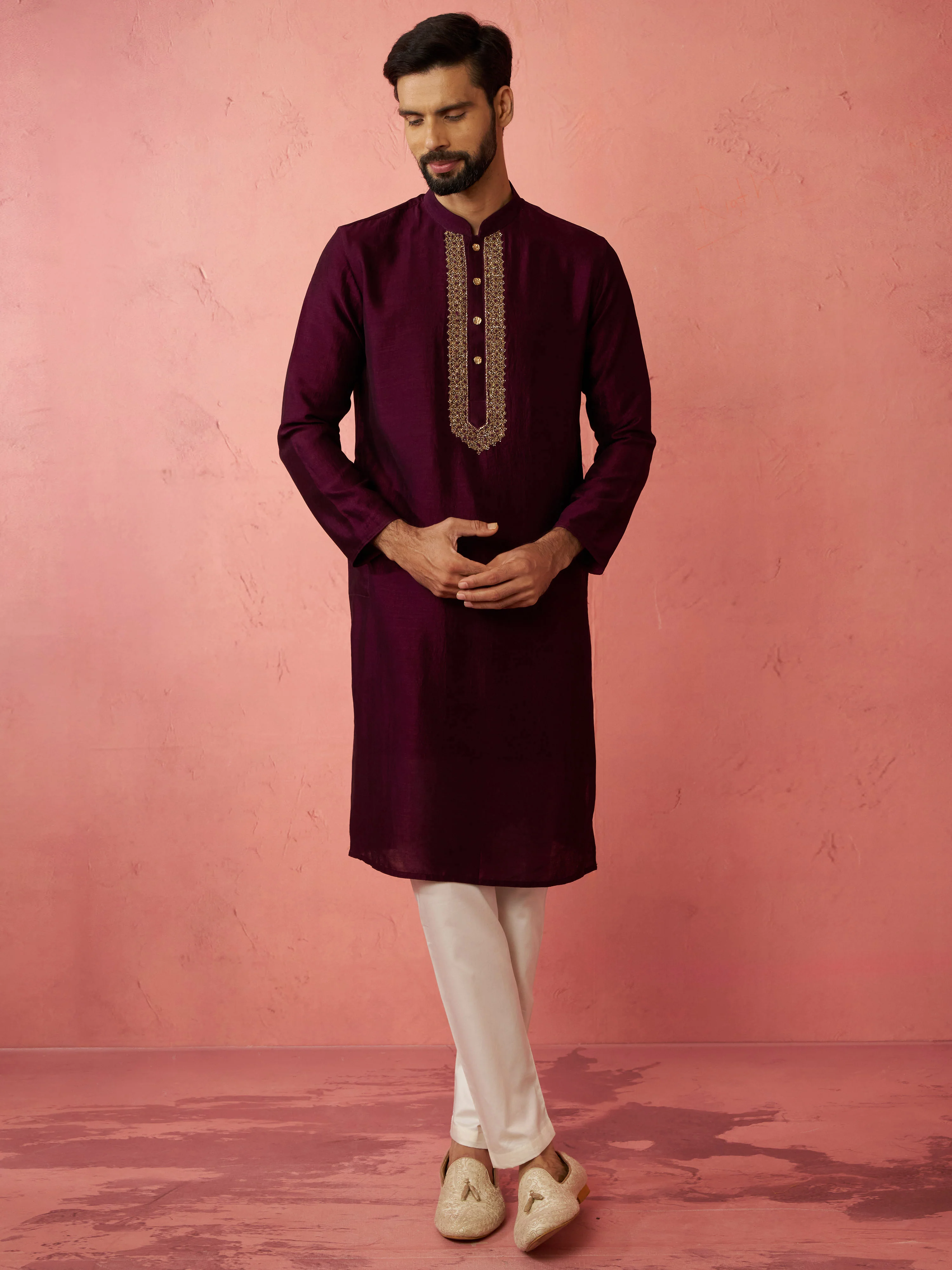 Men's's Wine Silk Kurta with Cream Pyjama - Embroidered Festive Set - Image 3