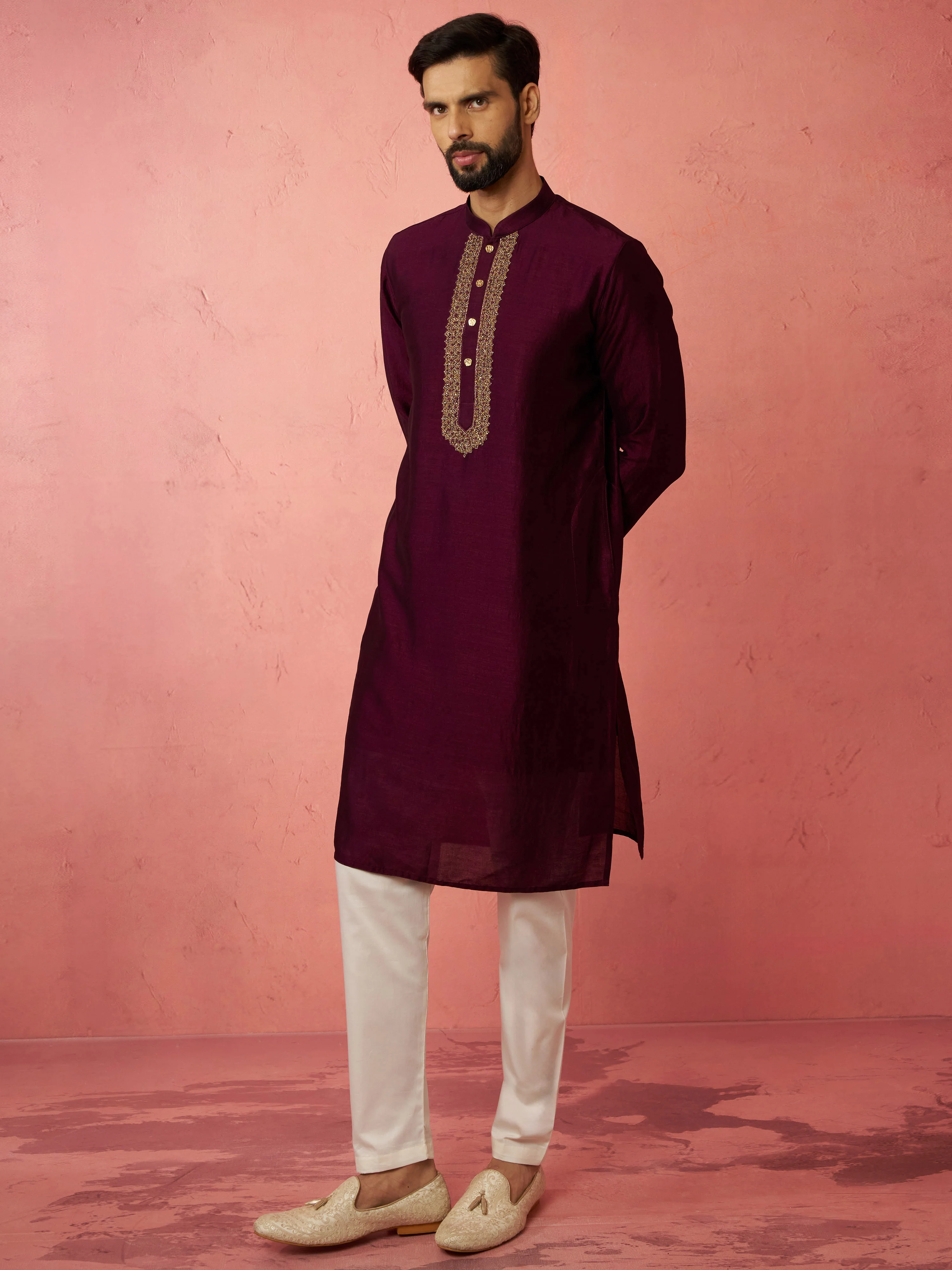 Men's's Wine Silk Kurta with Cream Pyjama - Embroidered Festive Set - Image 4