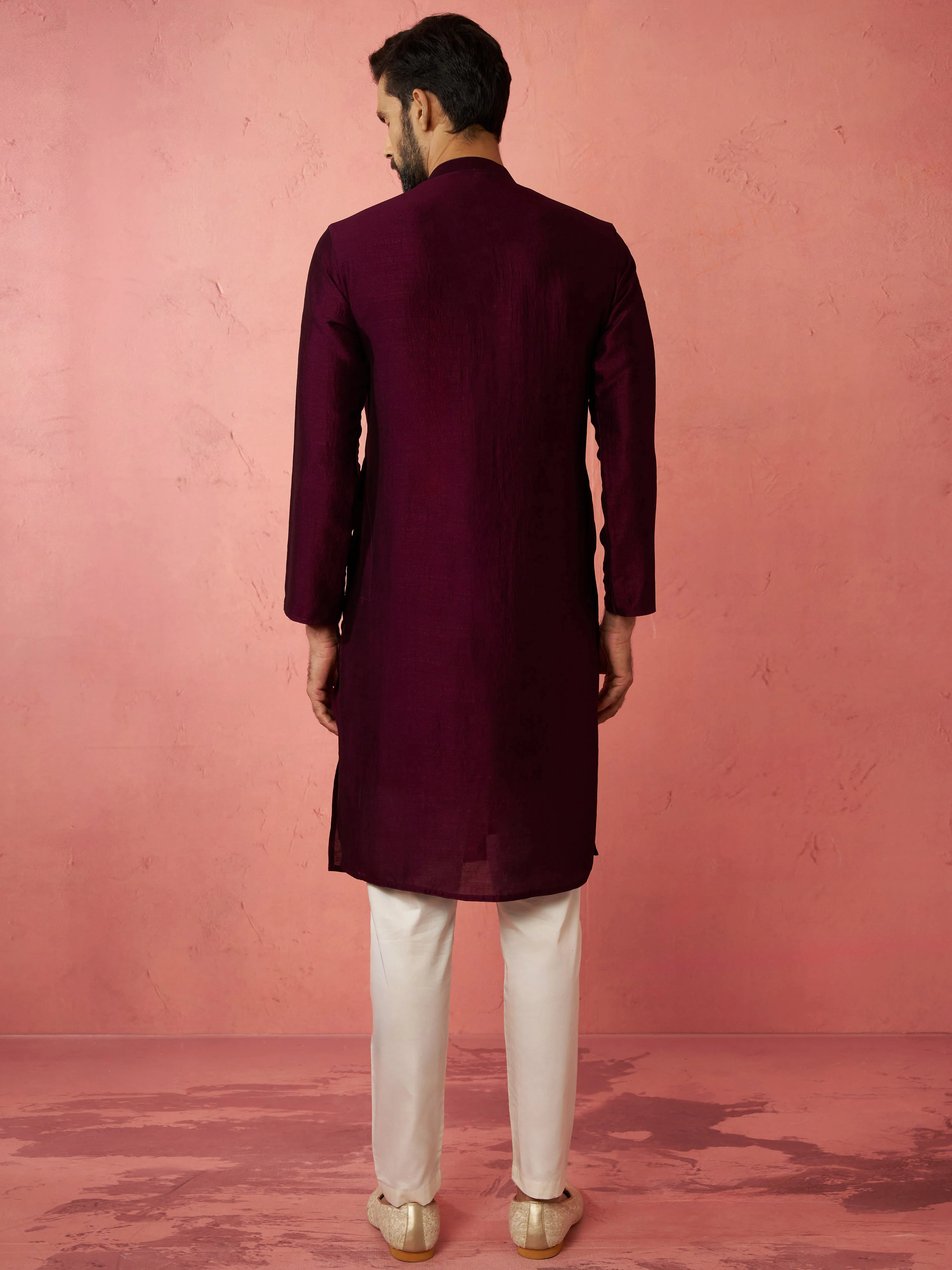 Men's's Wine Silk Kurta with Cream Pyjama - Embroidered Festive Set - Image 5