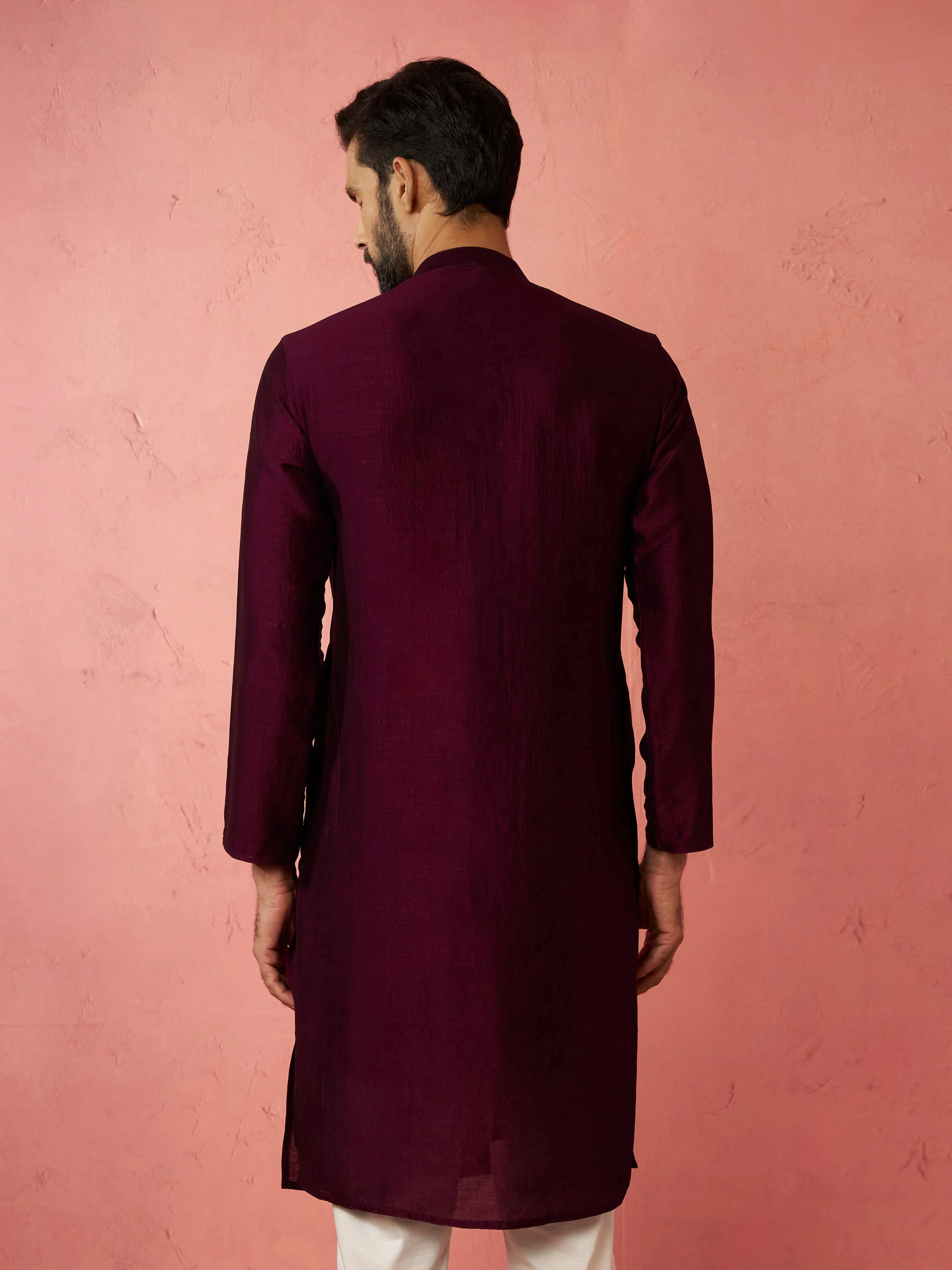 Men's's Wine Vichitra Silk Kurta - Traditional Embroidered Wedding Ethnic Wear - Image 6
