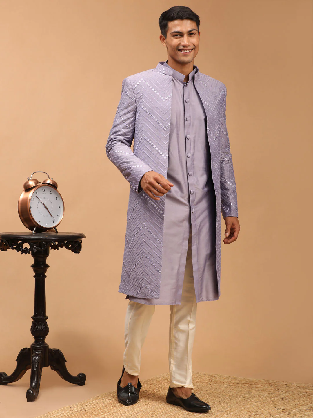 Men's Purple Solid Kurta Pant Set With Mirror Over Coat Combo Set - Image 3
