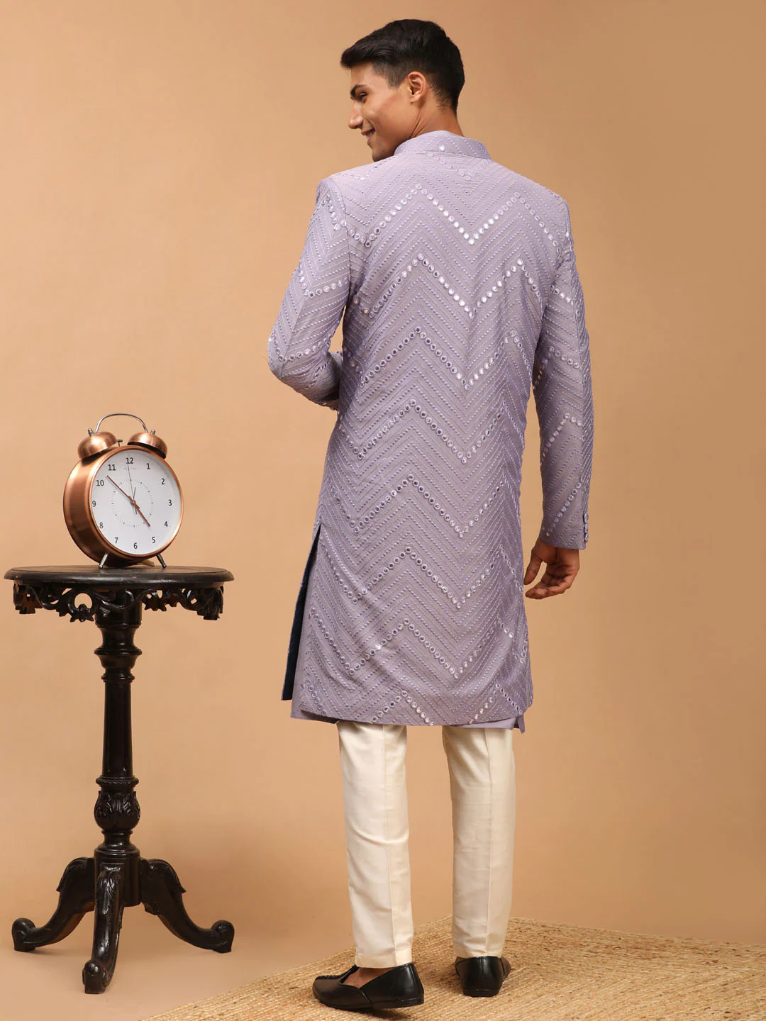 Men's Purple Solid Kurta Pant Set With Mirror Over Coat Combo Set - Image 4