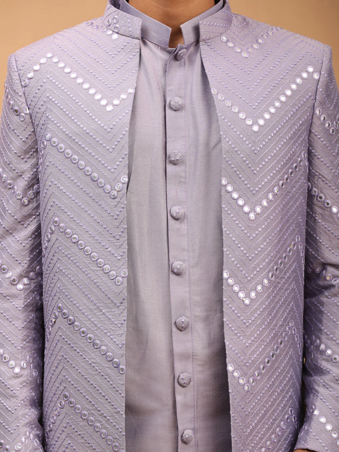 Men's Purple Solid Kurta Pant Set With Mirror Over Coat Combo Set - Image 5