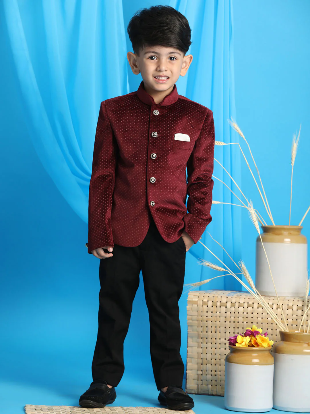 Boy's Maroon Polka Dot Printed Jodhpuri - Image 4