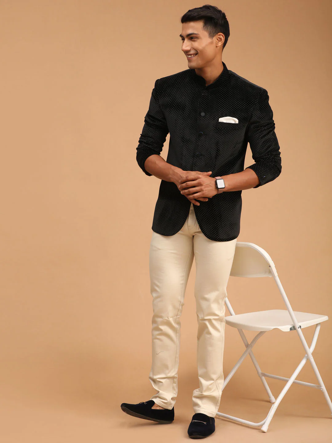 Men's Black Polka Dot Printed Velvet Jodhpuri - Image 5
