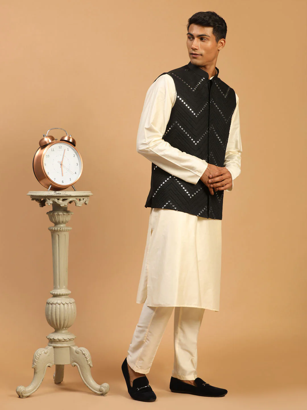 Men's Black Mirror Jacket With Kurta Pant Set - Image 2