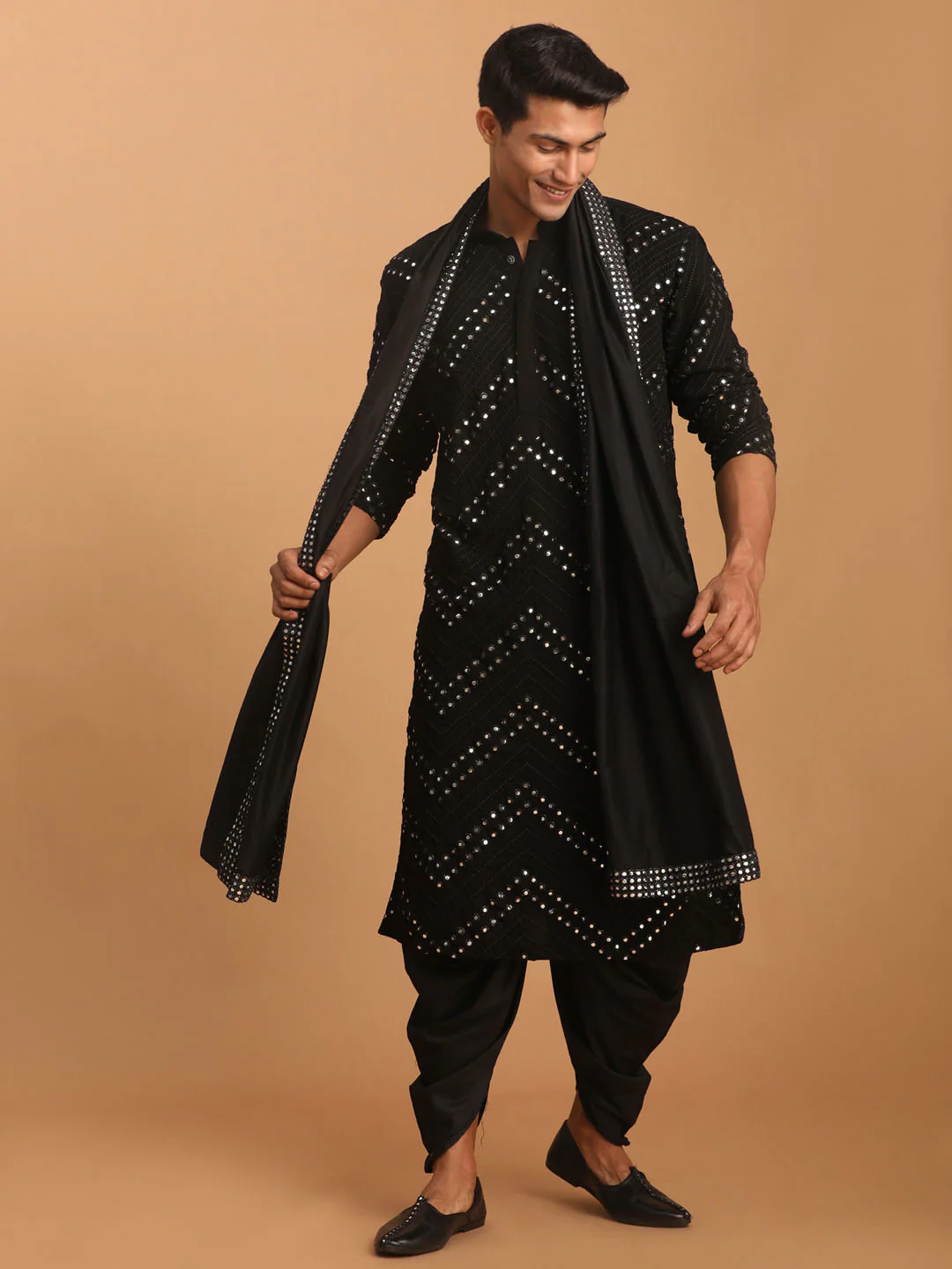 Men's Black Mirror Kurta Dhoti And Dupatta Set - Image 2