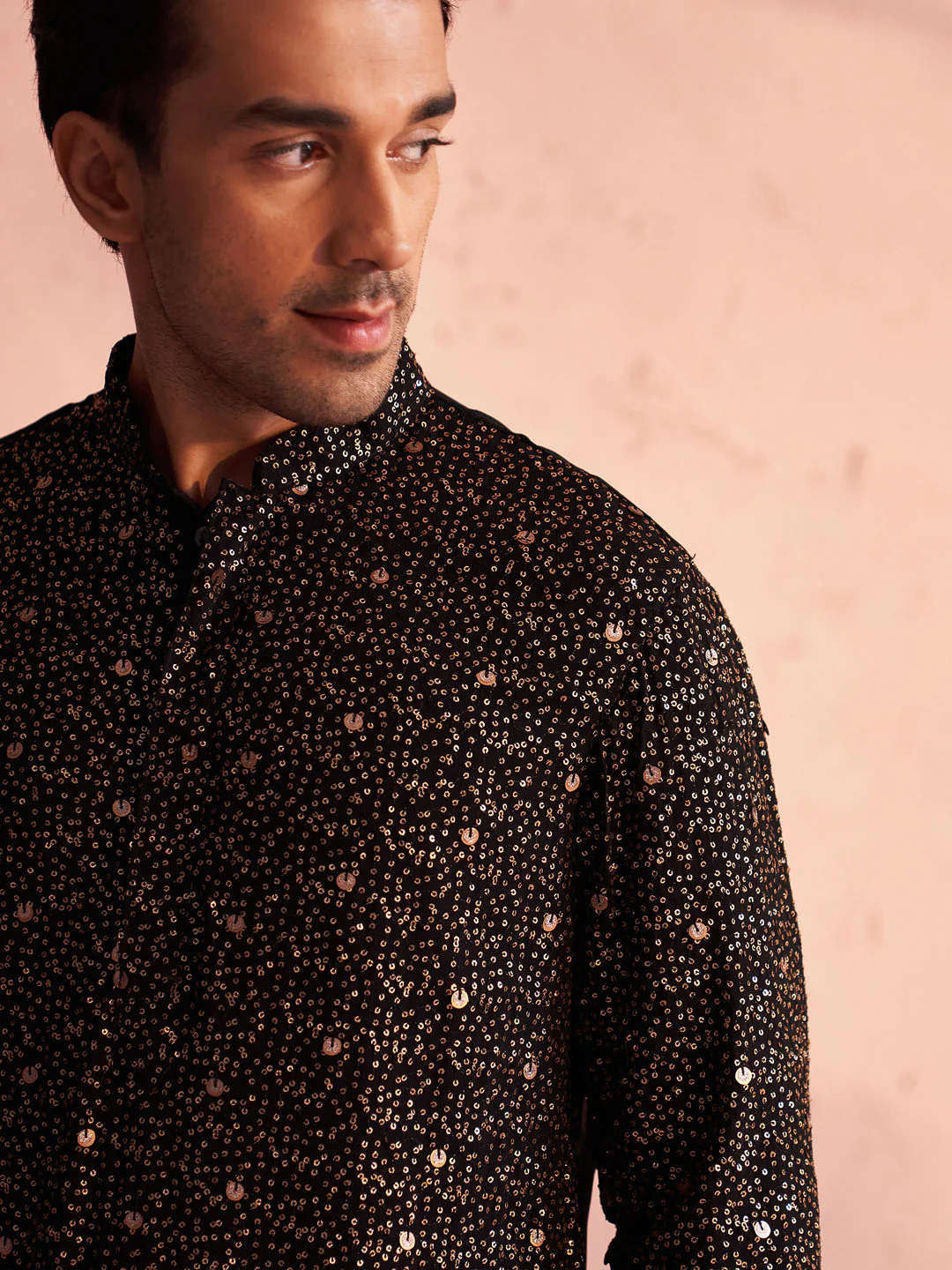 Men's Black Georgette Zari With Sequins Worked Kurta Patiala Set - Image 4