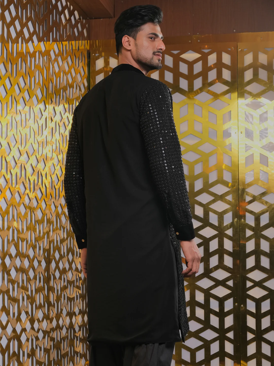 Men's Black Mirror Georgette Kurta - Image 3