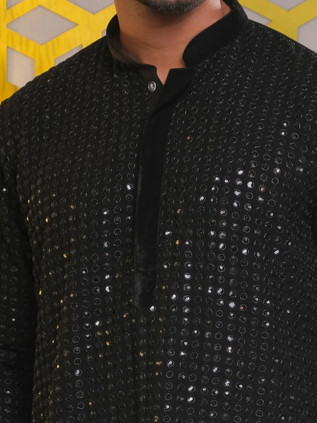 Men's Black Mirror Georgette Kurta - Image 4