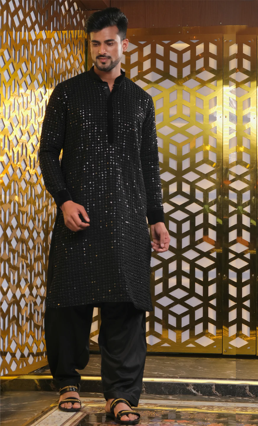 Men's Black Mirror Georgette Kurta - Image 5