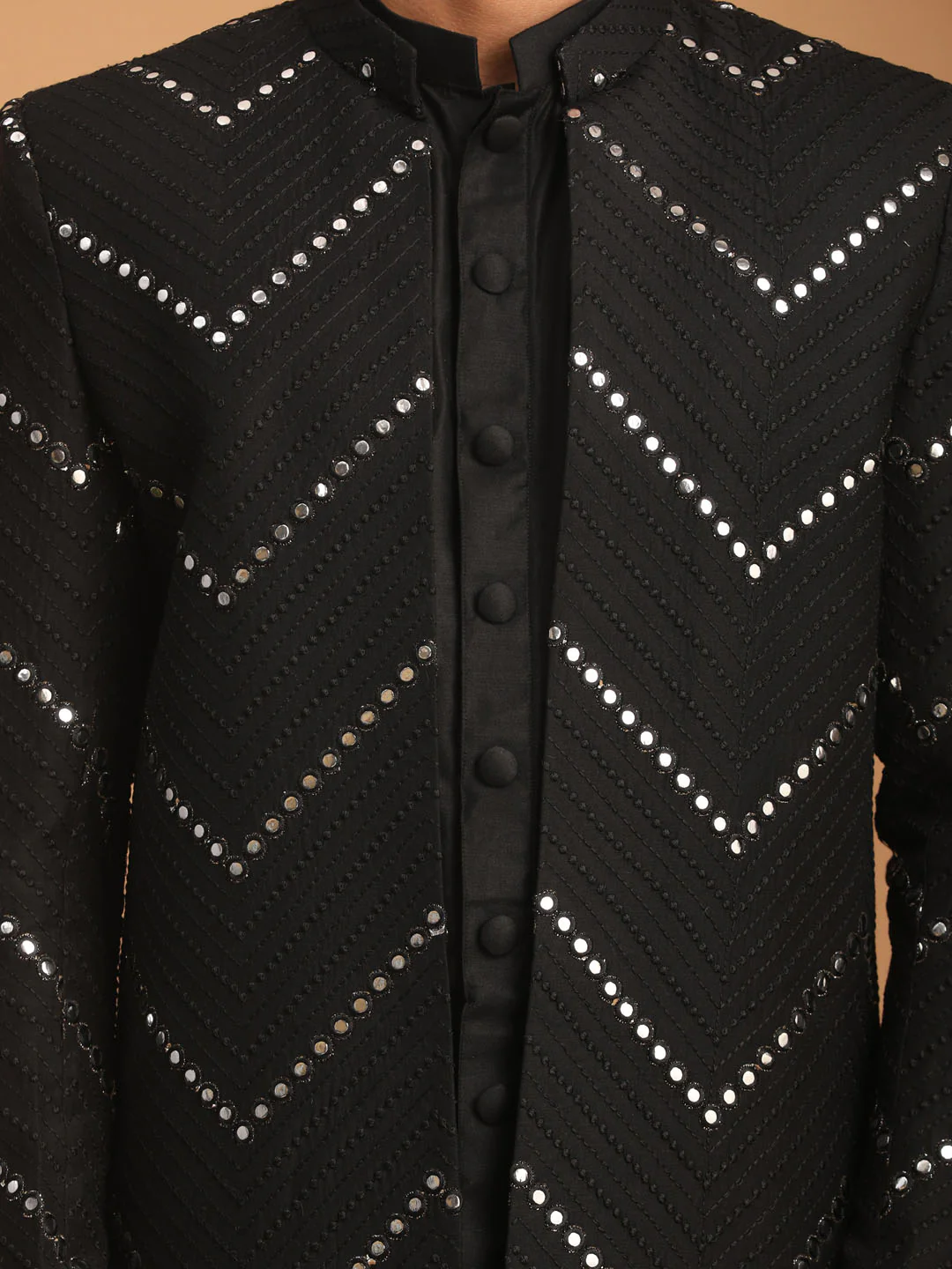 Men's Black Solid Kurta Pant Set With Mirror Over Coat Combo Set - Image 4