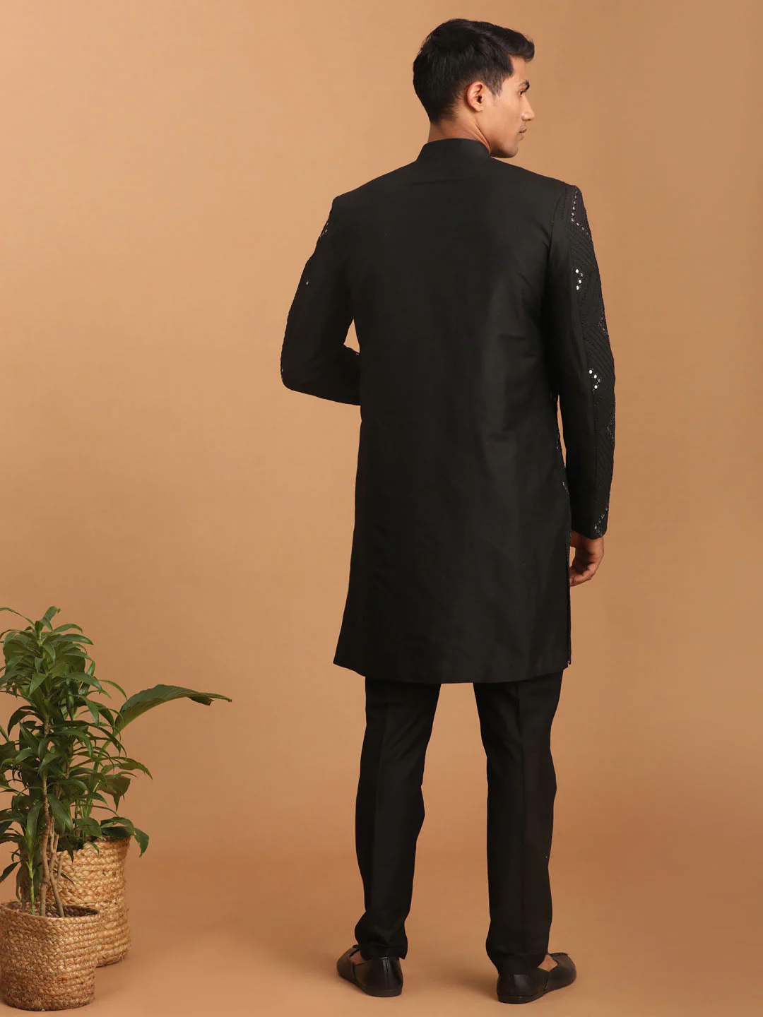 Men's Black Mirror Indo Western Sherwani With Pant Set - Image 3