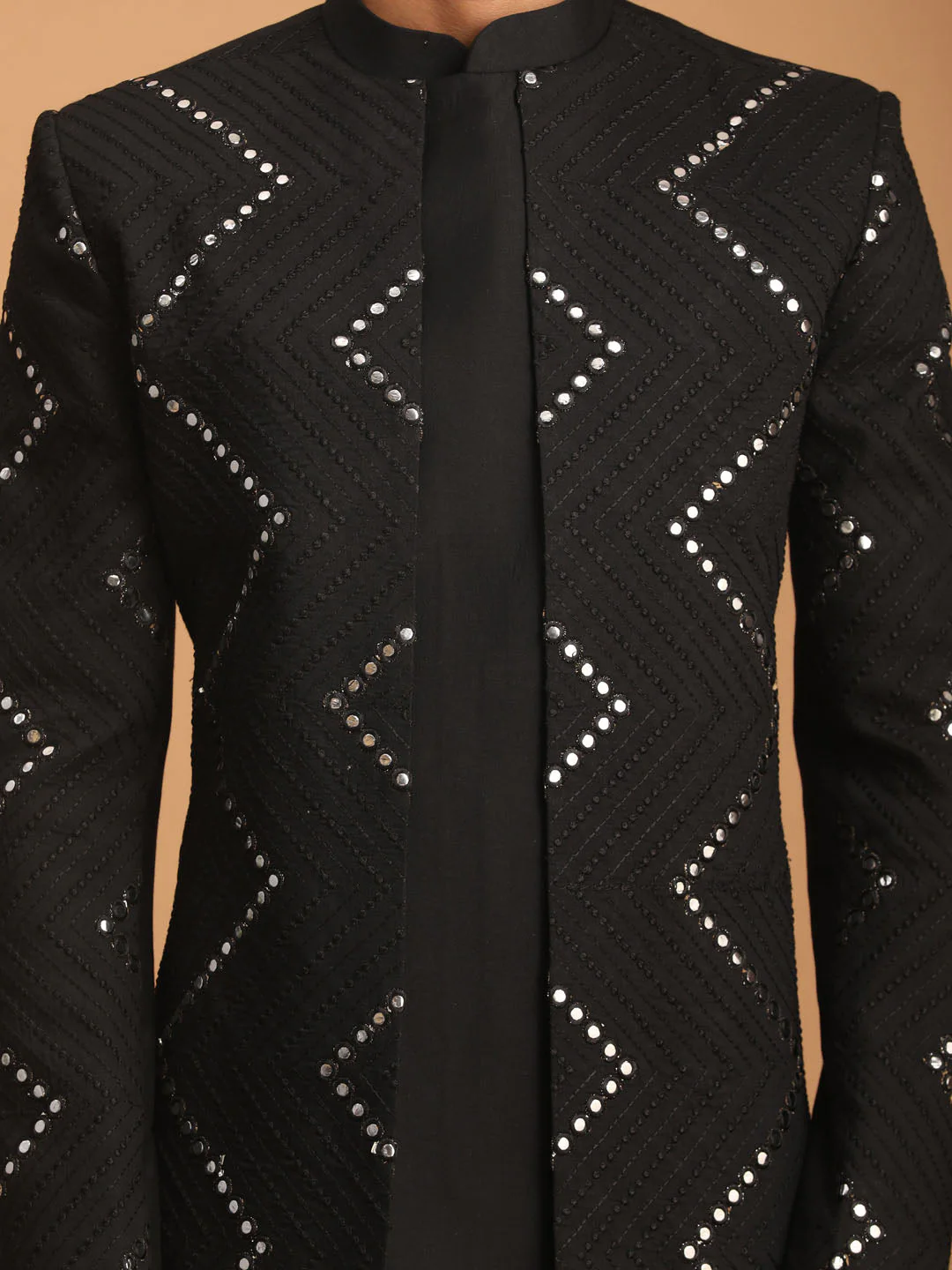 Men's Black Mirror Indo Western Sherwani With Pant Set - Image 4