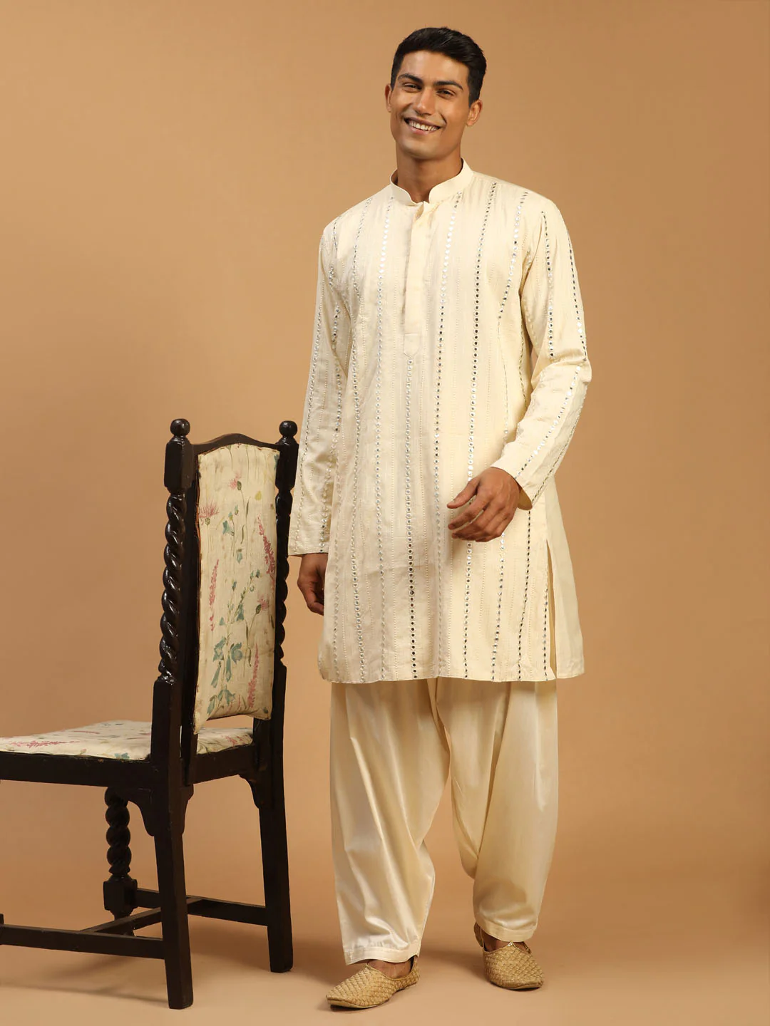 Men's Cream Mirror Kurta - Image 5