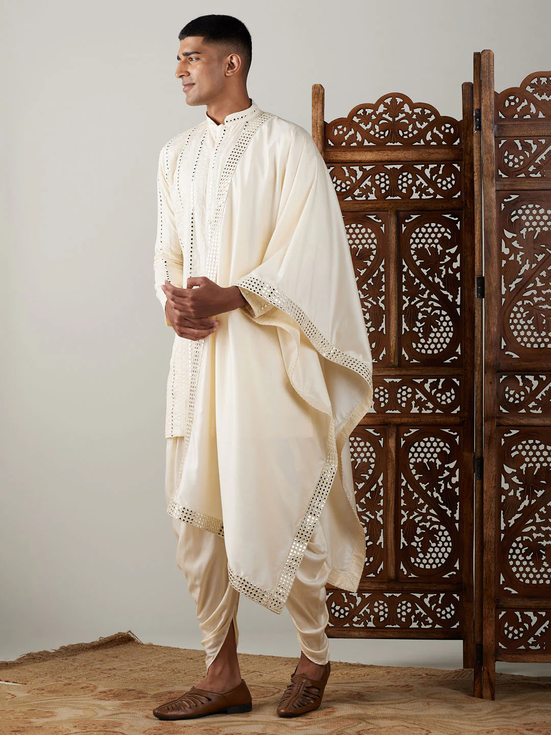 Men's Cream Mirror Kurta Dhoti And Dupatta Set - Image 2