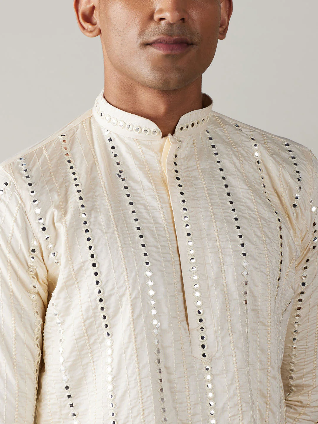 Men's Cream Mirror Kurta Dhoti And Dupatta Set - Image 4