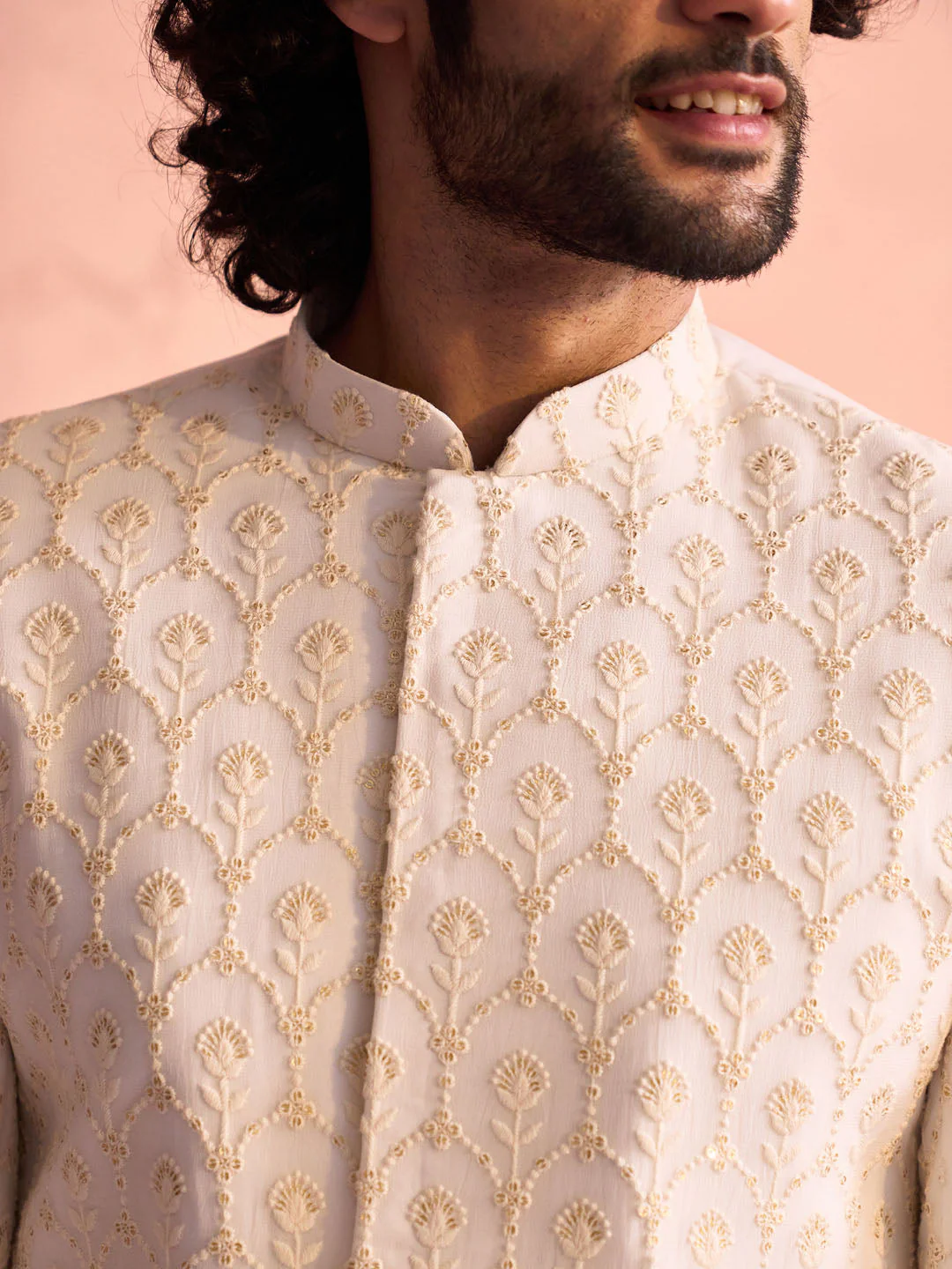 Men's Cream Georgette Embellished Indo Western Set - Image 4