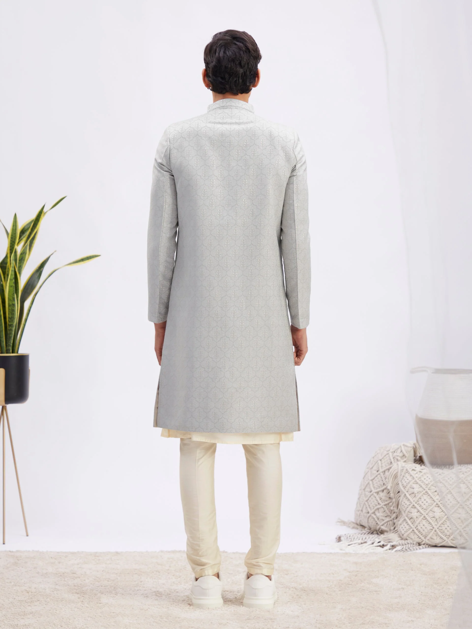 Men's Grey Jaccard Sherwani With Cream Kurta Pant Set - Image 3