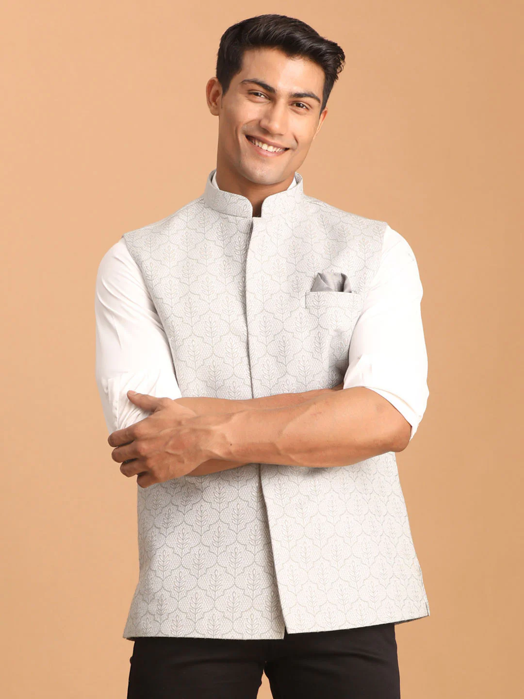 Men's Grey Jacquard Silk Blend Printed Jacket