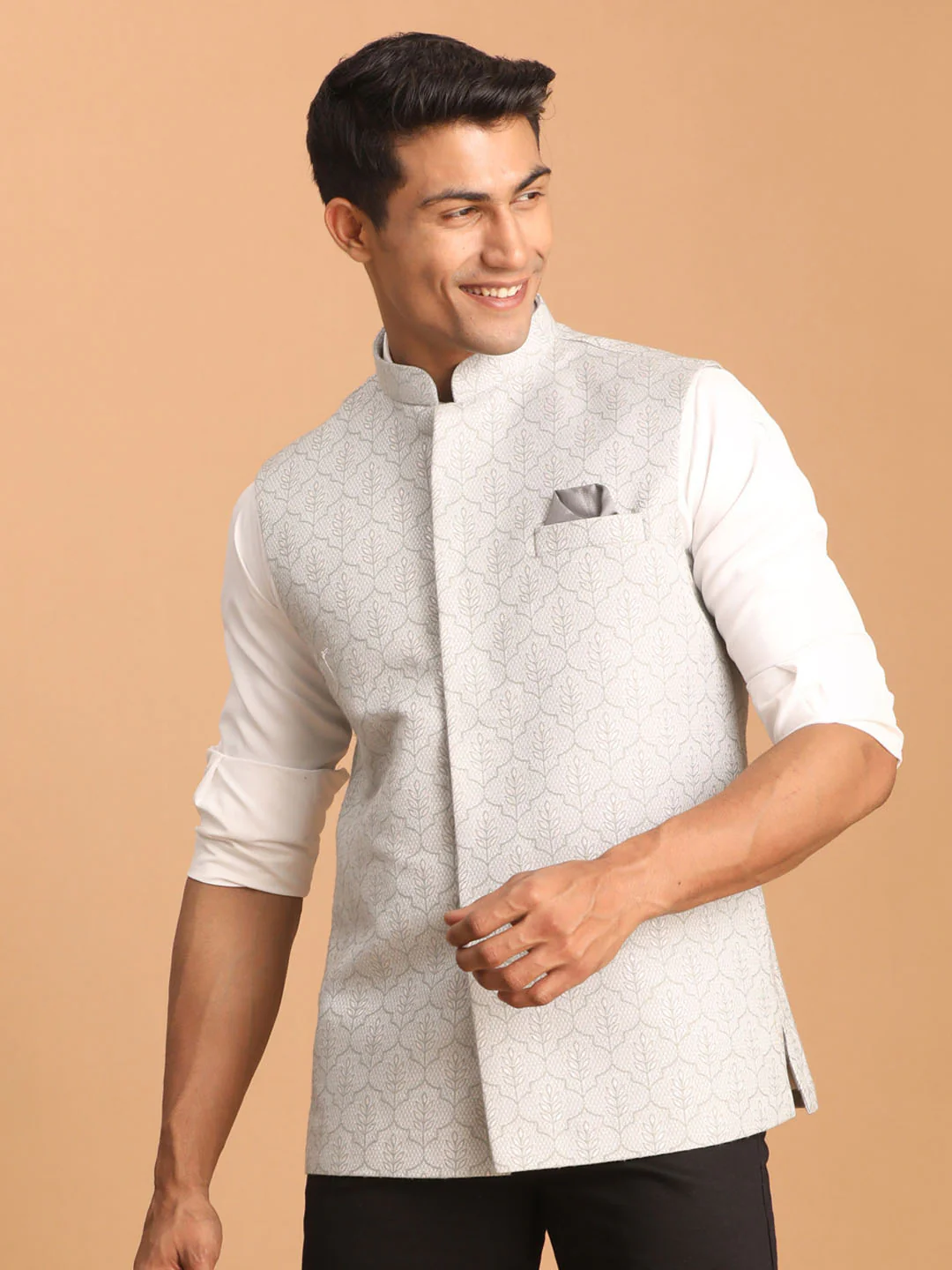 Men's Grey Jacquard Silk Blend Printed Jacket - Image 2