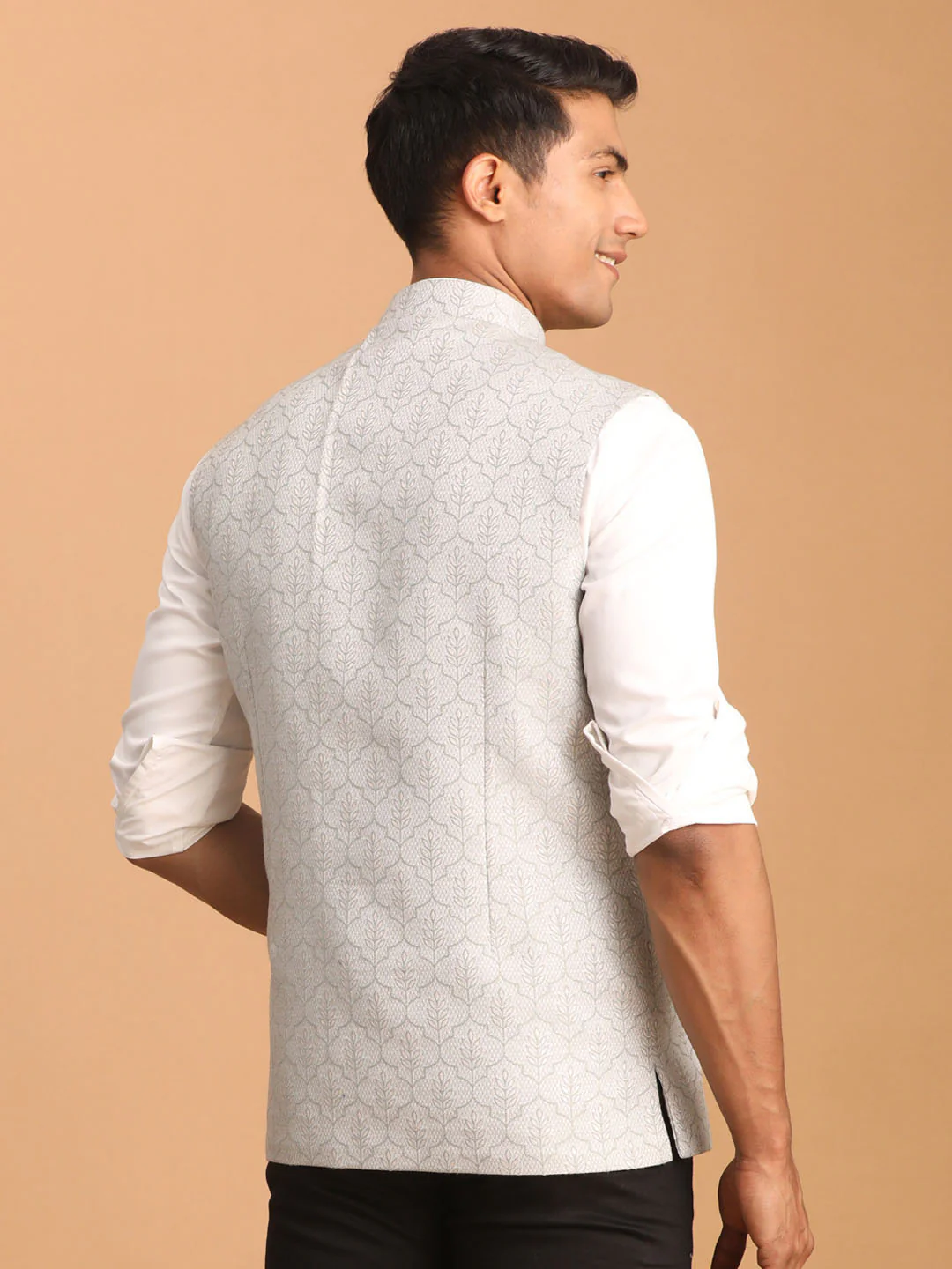 Men's Grey Jacquard Silk Blend Printed Jacket - Image 3
