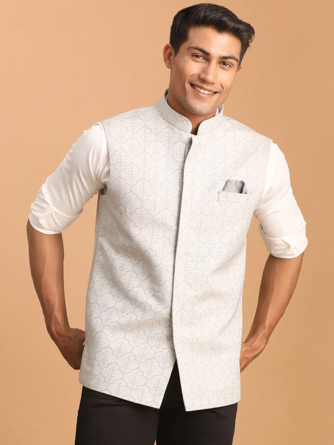 Men's Grey Jacquard Silk Blend Printed Jacket - Image 5