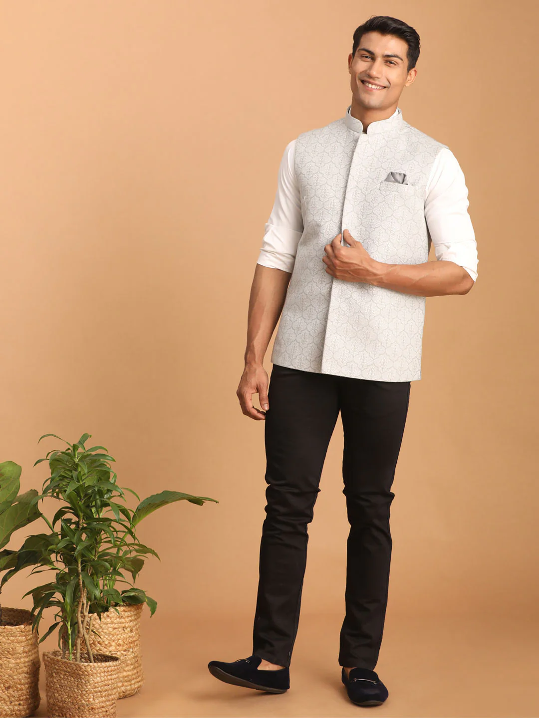 Men's Grey Jacquard Silk Blend Printed Jacket - Image 6