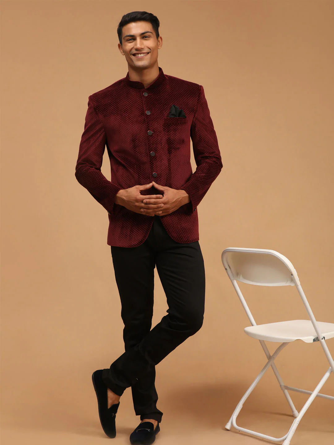 Men's Maroon Polka Dot Printed Velvet Jodhpuri - Image 5