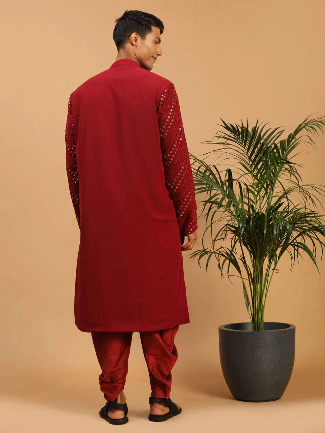 Men's Maroon Mirror Kurta Dhoti Set - Image 3