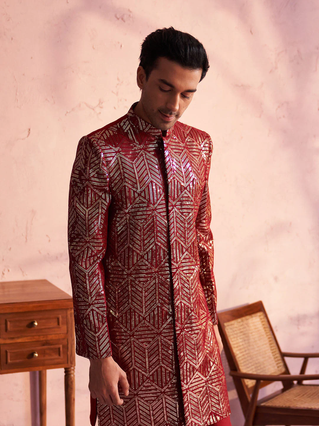 Men's Maroon Georgette Embellished Indo Set - Image 7