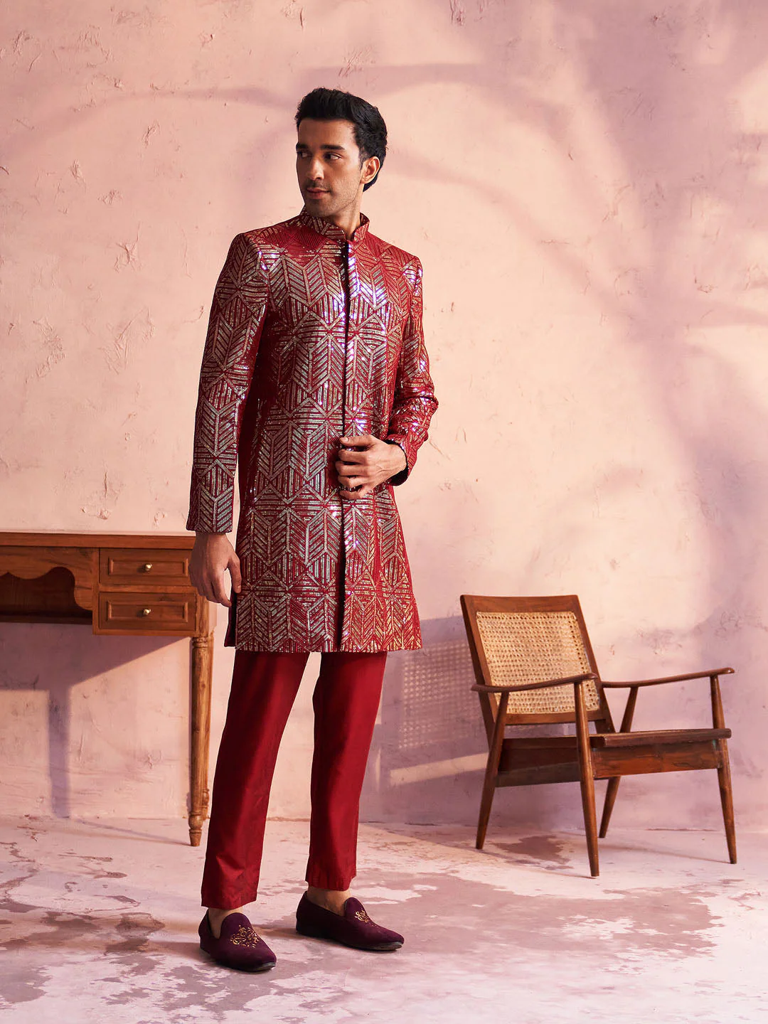 Men's Maroon Georgette Embellished Indo Set - Image 8