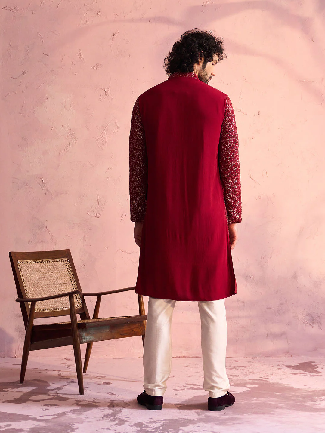 Men's Maroon Georgette Zari With Sequins Worked Kurta Pant Set - Image 3