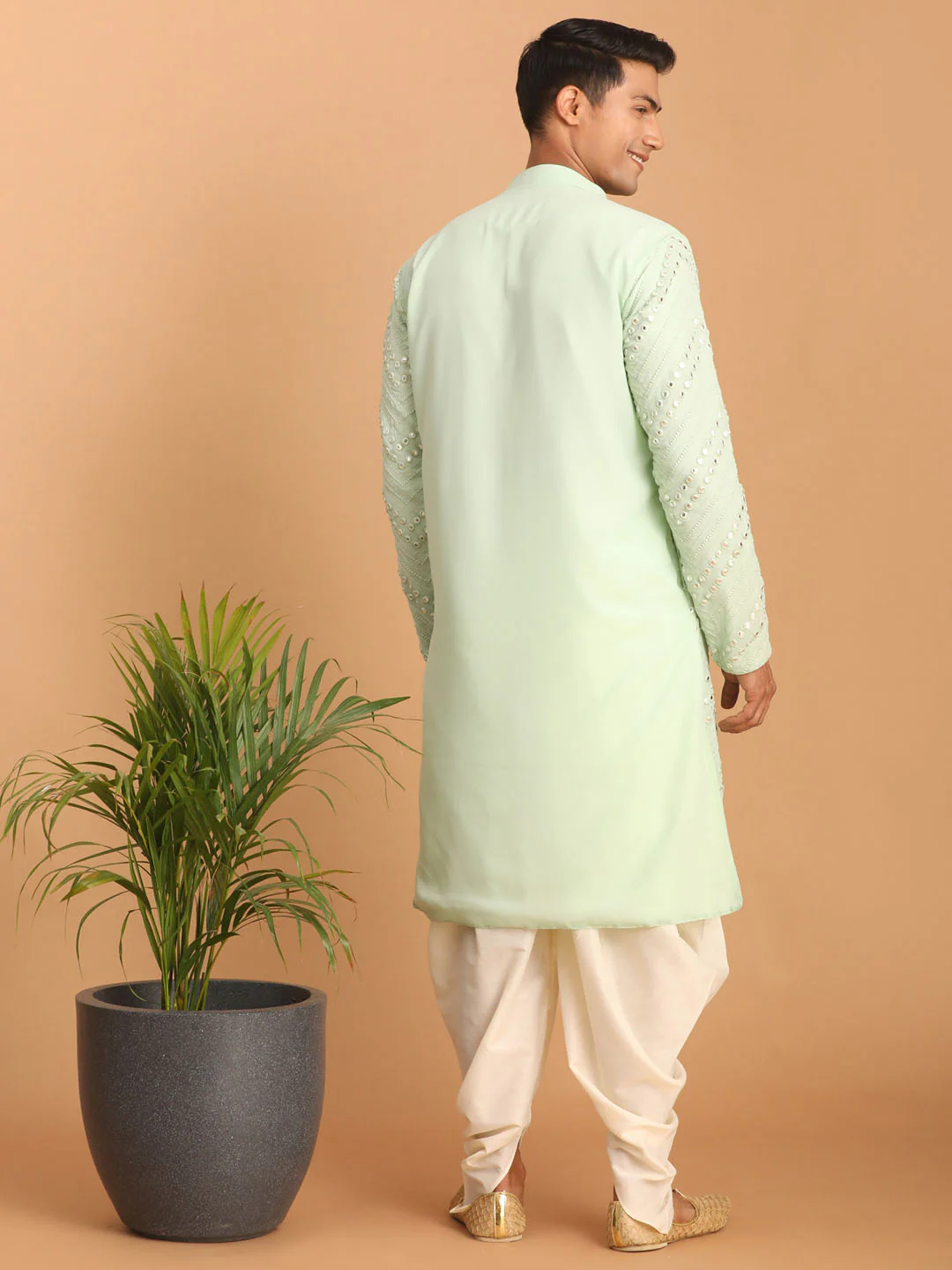 Men's Mint Green Mirror Kurta Dhoti Set - Image 3