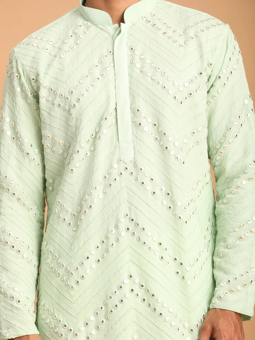 Men's Mint Green Mirror Kurta Dhoti Set - Image 4
