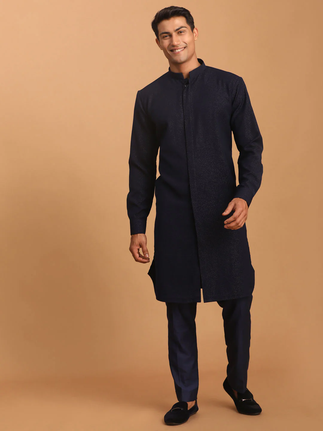 Men's Navy Blue Printed Kurta With Pant Set - Image 8