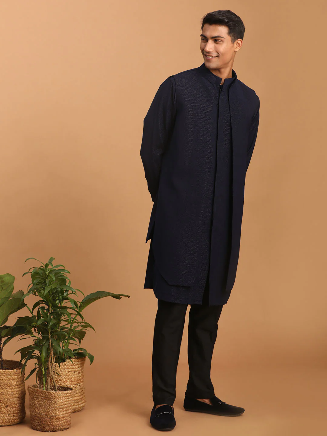 Men's Navy Blue Printed Jacket Kurta Pant Set - Image 6