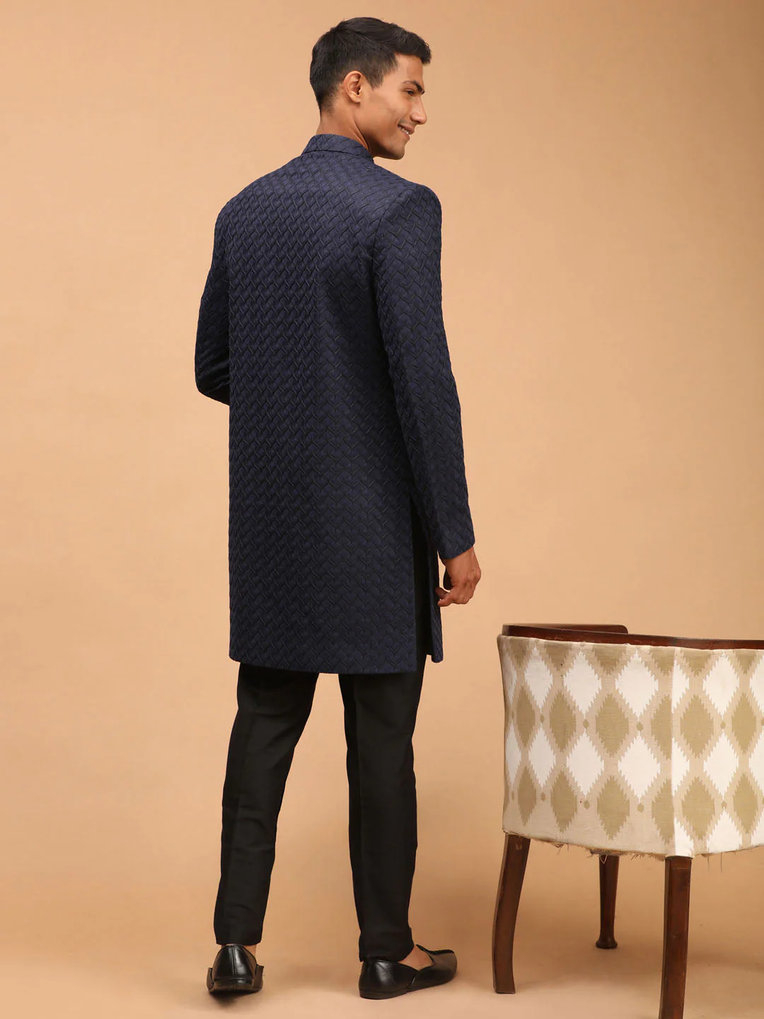 Men's Navy Blue Imported Jacquard Self Design Sherwani Set - Image 4