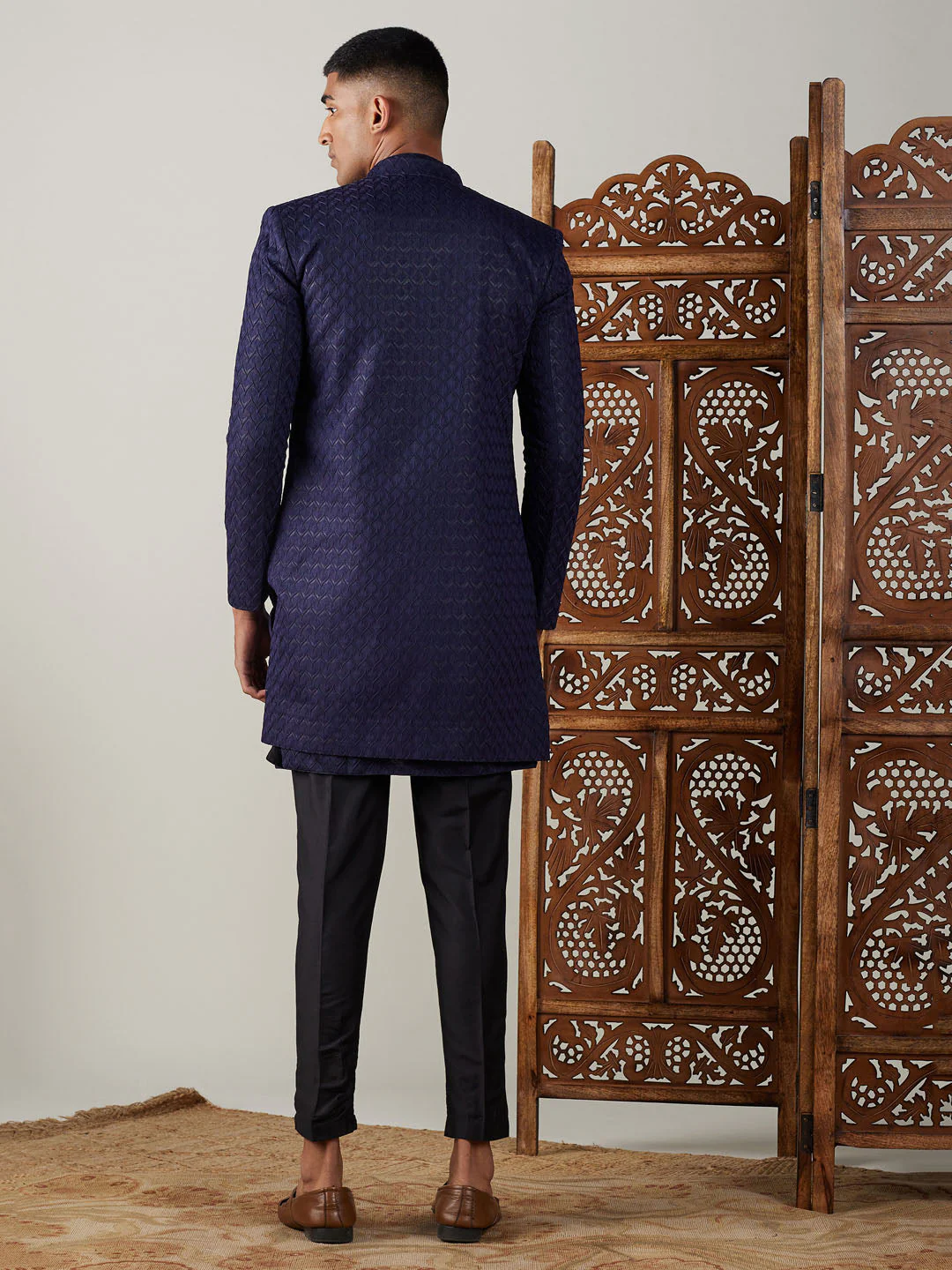 Men's Navy Blue Jacquard Indo With Kurta Pant Set - Image 3