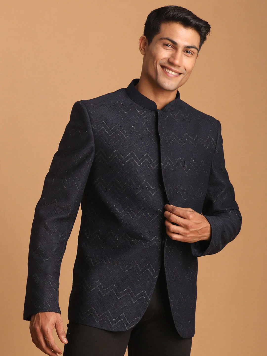 Men's Navy Blue Silk Blend Glitter Zig Zag Jodhpuri - Image 5