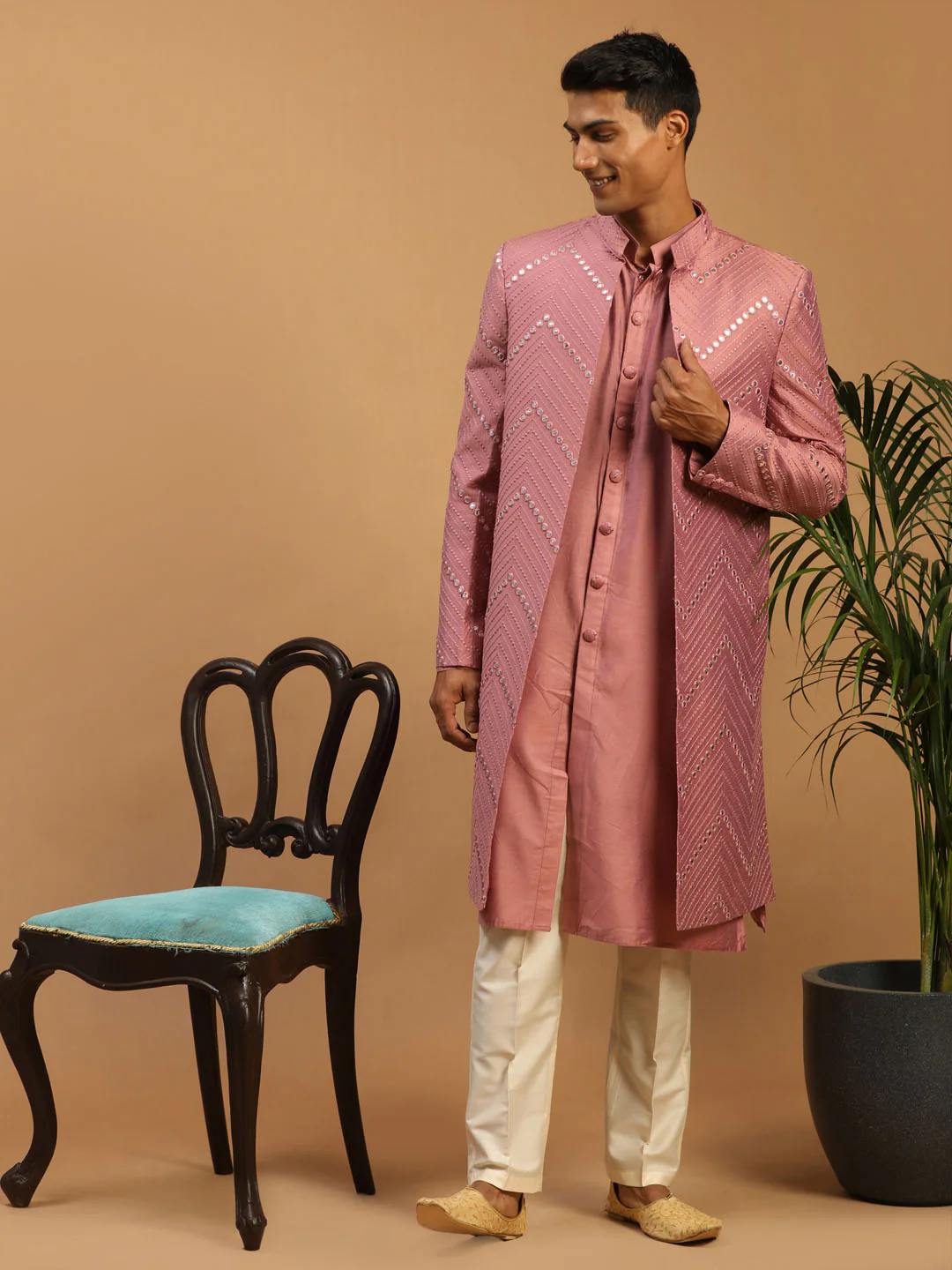 Men's Onion Pink Solid Kurta Pant With Mirror Over Coat Combo Set - Image 8