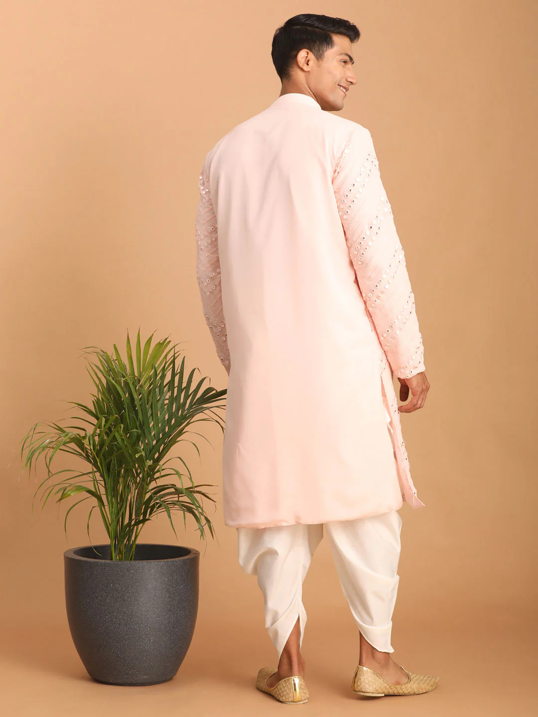 Men's Pink Mirror Kurta Dhoti Set - Image 3