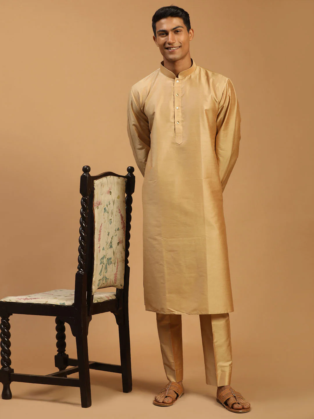 Men's Rose Gold Viscose Kurta With Pant Set